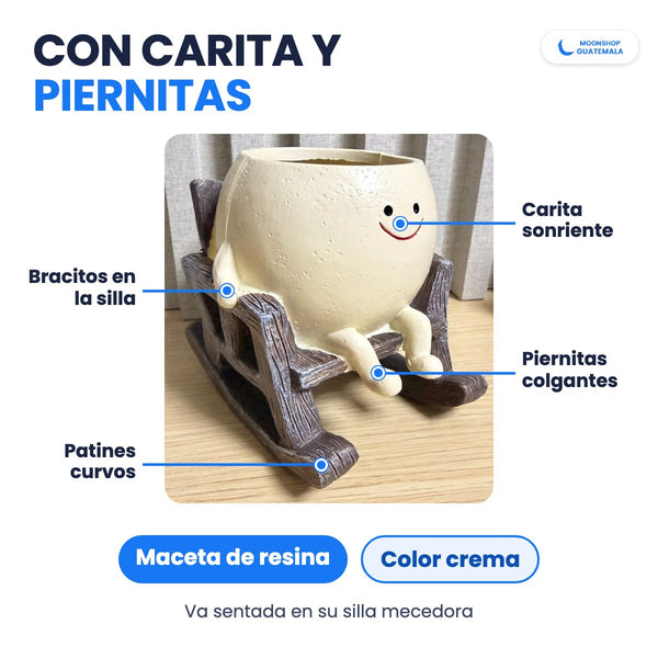 Detalles de la maceta carita feliz: carita sonriente, bracitos en la silla, piernitas colgantes y patines curvos