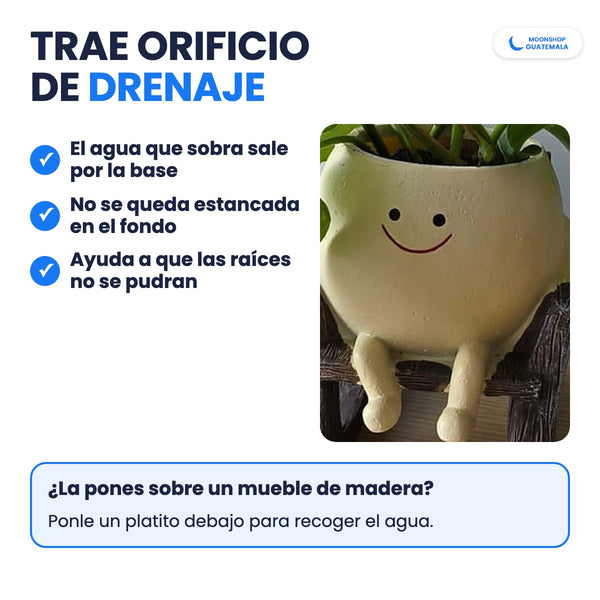 Maceta carita feliz con orificio de drenaje en la base para que el agua que sobra salga