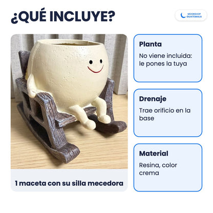 Qué incluye la maceta carita feliz: 1 maceta de resina color crema con su silla mecedora, sin planta