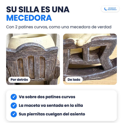 Silla mecedora de la maceta carita feliz vista por detrás y de lado, con sus 2 patines curvos