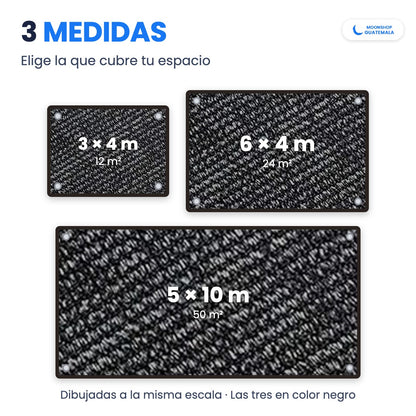 Las 3 medidas de la malla sombra sarán dibujadas a la misma escala: 3 × 4 m (12 m²), 6 × 4 m (24 m²) y 5 × 10 m (50 m²), en color negro