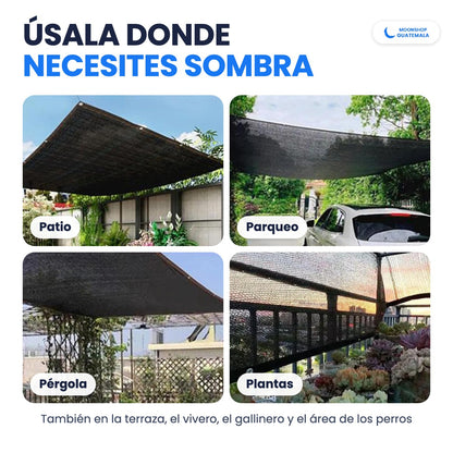 Malla sombra sarán usada en un patio, sobre un parqueo, en una pérgola y sobre plantas