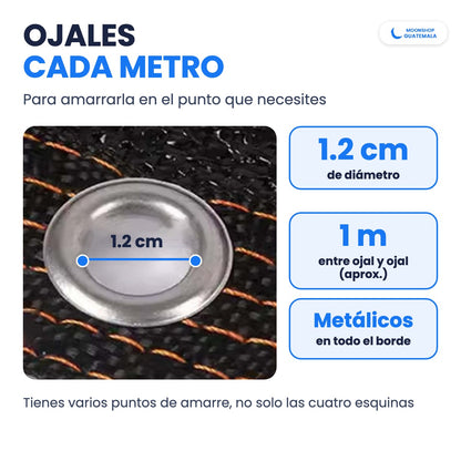Ojal metálico de 1.2 cm de diámetro en el borde de la malla sombra, colocado aproximadamente cada metro