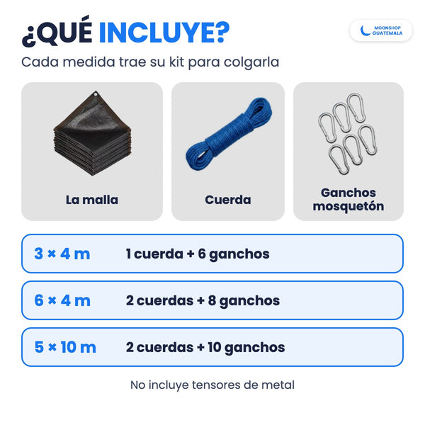 Qué incluye la malla sombra: la malla, cuerda y ganchos mosquetón; 3 × 4 m con 1 cuerda y 6 ganchos, 6 × 4 m con 2 cuerdas y 8 ganchos, 5 × 10 m con 2 cuerdas y 10 ganchos