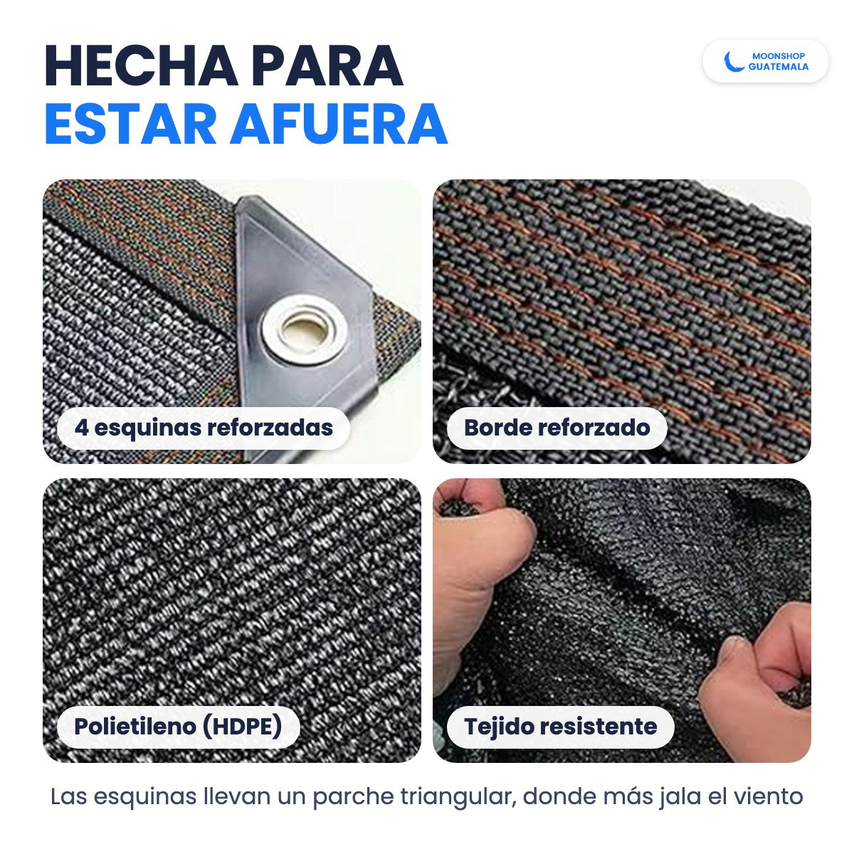 Detalles de la malla sombra: esquina reforzada con parche triangular y ojal, borde reforzado con hilos naranjas y tejido de polietileno HDPE