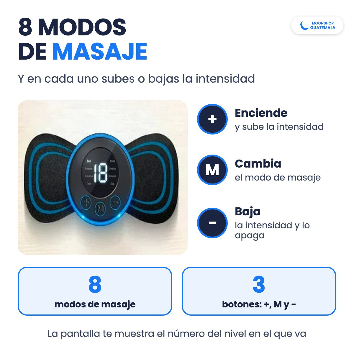 Masajeador eléctrico con 8 modos de masaje y 3 botones: + lo enciende y sube la intensidad, M cambia el modo y − la baja y lo apaga
