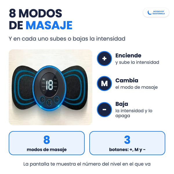 Masajeador eléctrico con 8 modos de masaje y 3 botones: + lo enciende y sube la intensidad, M cambia el modo y − la baja y lo apaga