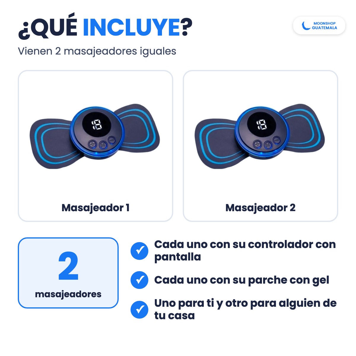 Qué incluye: 2 masajeadores eléctricos tipo mariposa, cada uno con su controlador con pantalla y su parche con gel