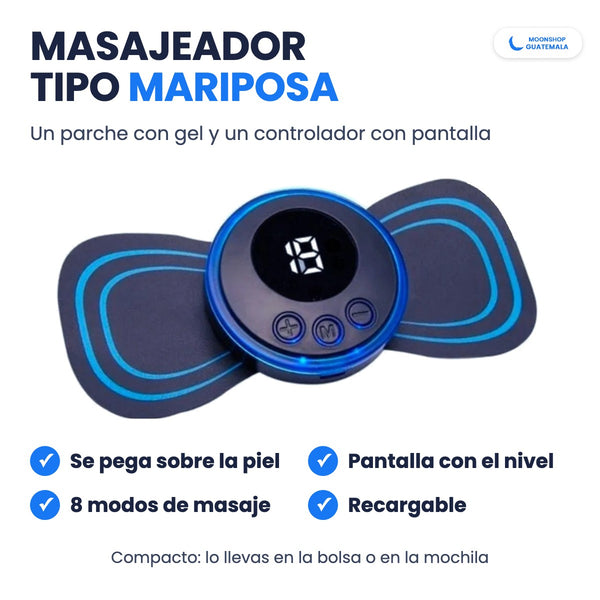 Masajeador eléctrico tipo mariposa: un parche con gel y un controlador con pantalla, con 8 modos de masaje y recargable