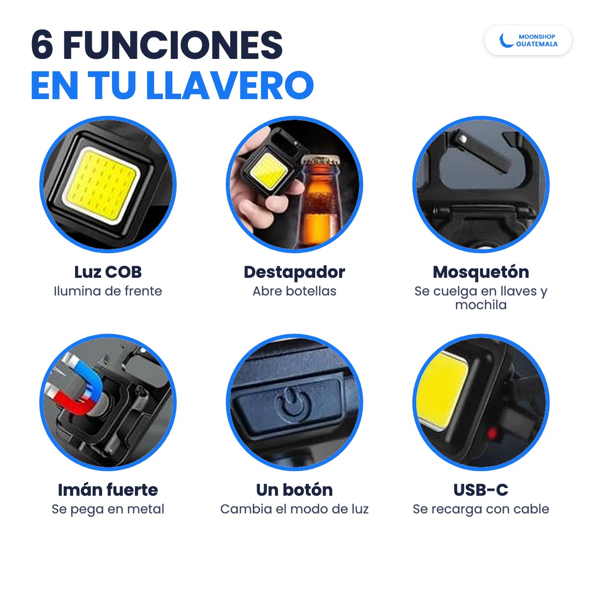 Mini linterna llavero con 6 funciones: luz COB, destapador, mosquetón, imán fuerte, botón de modos y USB-C