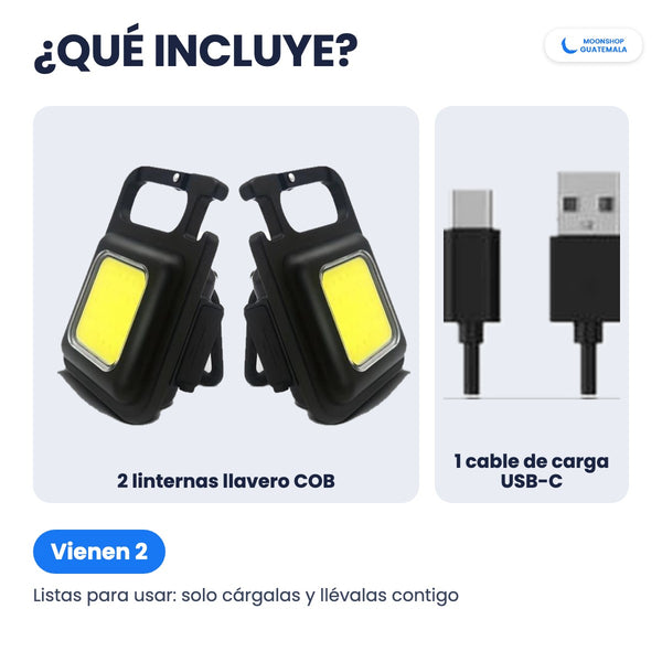 Qué incluye: 2 mini linternas llavero COB y un cable de carga USB-C