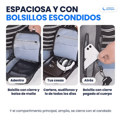 Mochila antirrobo por dentro: bolsillo con cierre, bolsa de malla y bolsillo escondido atrás, pegado al cuerpo