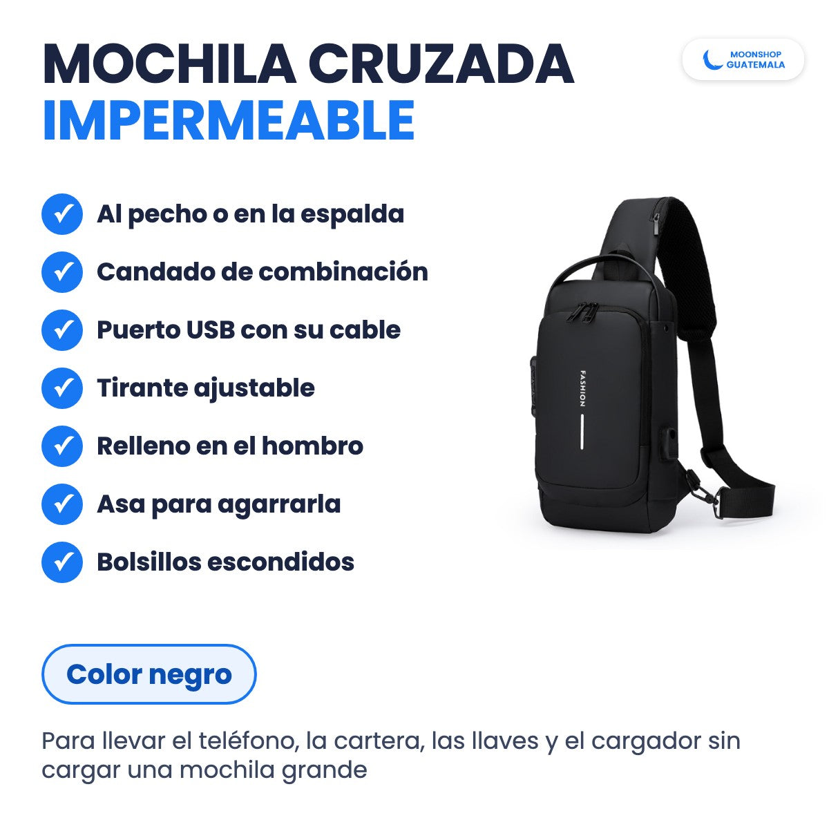 Mochila cruzada impermeable negra: candado de combinación, puerto USB con su cable, tirante ajustable con relleno y asa