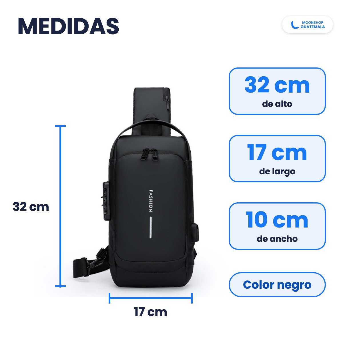 Medidas de la mochila antirrobo: 32 cm de alto, 17 cm de largo y 10 cm de ancho, color negro
