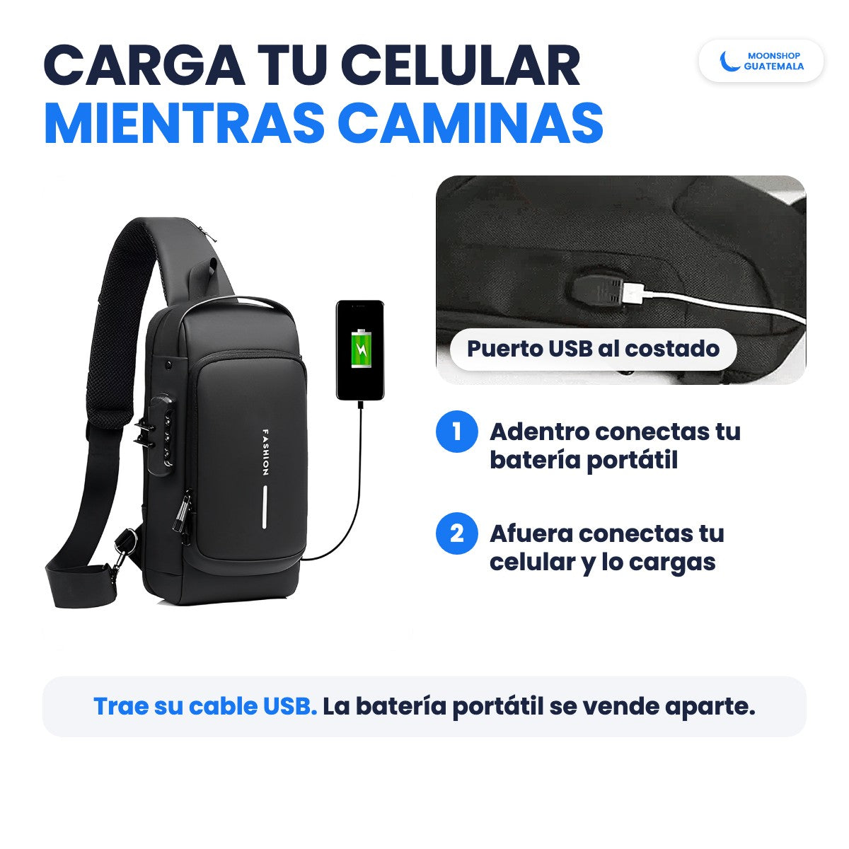 Puerto USB al costado de la mochila antirrobo: adentro conectas tu batería portátil y afuera cargas tu celular