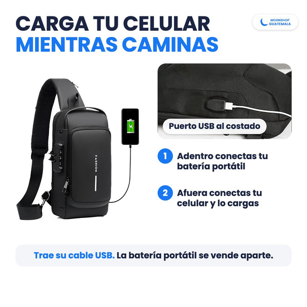 Puerto USB al costado de la mochila antirrobo: adentro conectas tu batería portátil y afuera cargas tu celular