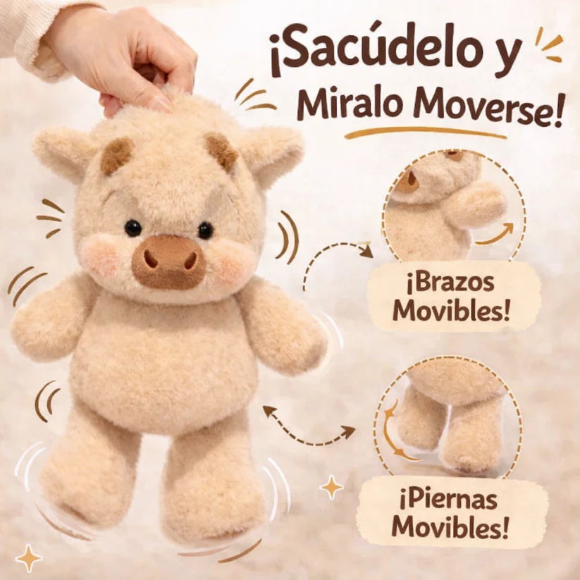 Al sacudir la vaquita de peluche se le mueven los brazos y las piernas