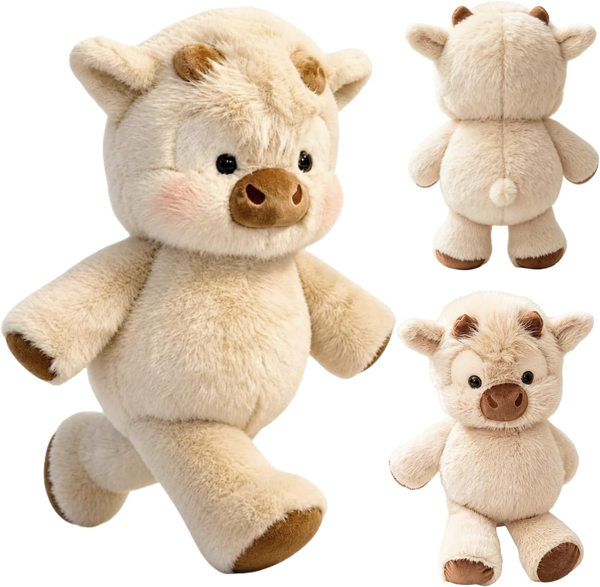 Peluche de vaquita que corre color crema, visto de frente, de espaldas y sentado