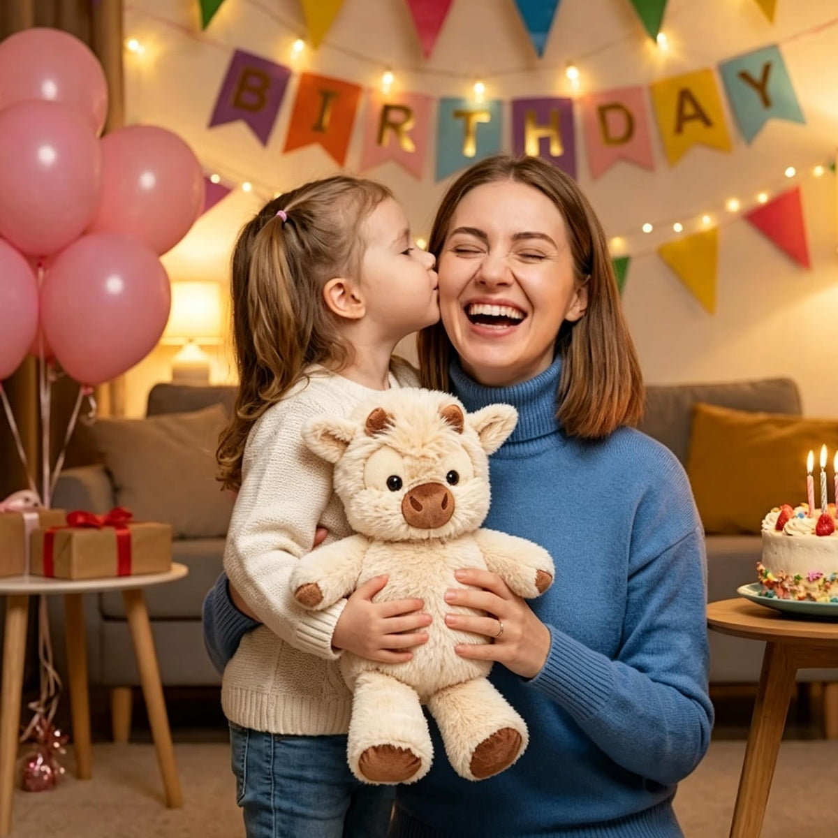 Niña abrazando el peluche de vaquita que corre en su fiesta de cumpleaños
