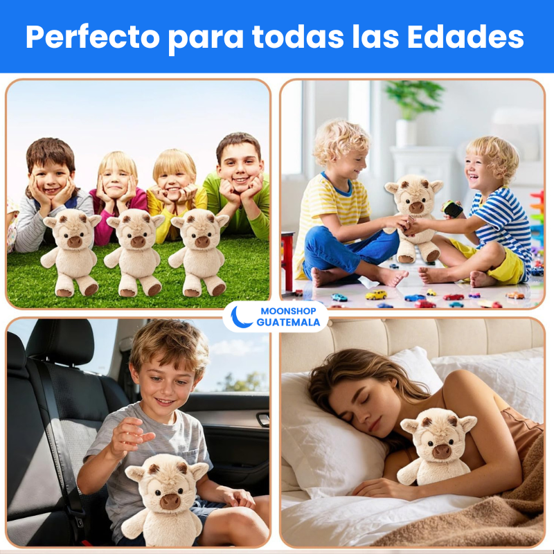 Vaquita de peluche con niños, en el carro y en la cama