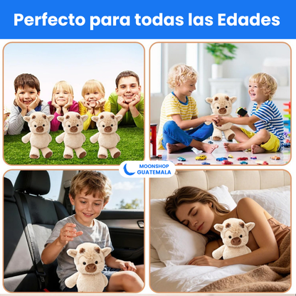 Vaquita de peluche con niños, en el carro y en la cama