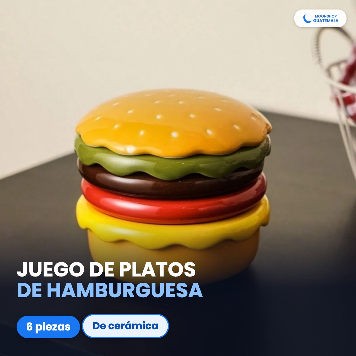 Juego de platos de cerámica en forma de hamburguesa, armado: pan, lechuga, carne, tomate, queso y pan de abajo