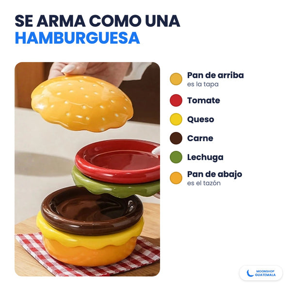 Cómo se arma el juego de platos de hamburguesa: pan de arriba, tomate, queso, carne, lechuga y pan de abajo