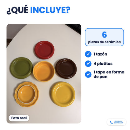 Qué incluye el juego de platos de hamburguesa: 6 piezas de cerámica, 1 tazón, 4 platitos y 1 tapa (foto real)