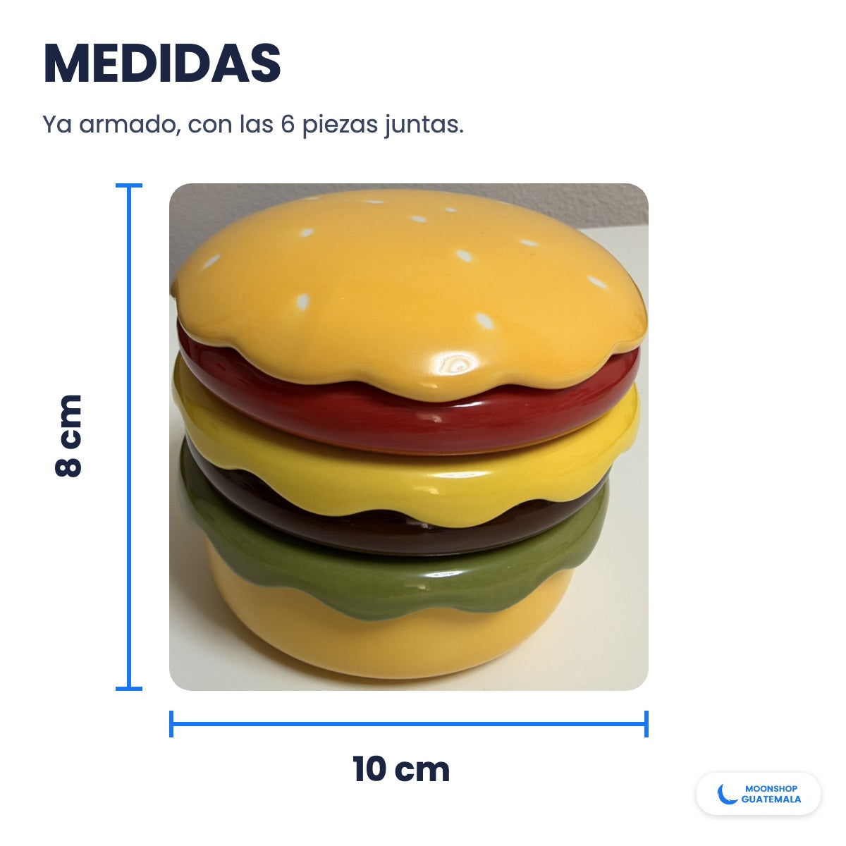 Medidas del juego de platos de hamburguesa armado: 8 cm de alto y 10 cm de ancho