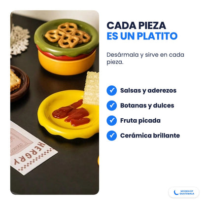 Cada pieza del juego de hamburguesa es un platito para salsas, botanas y dulces