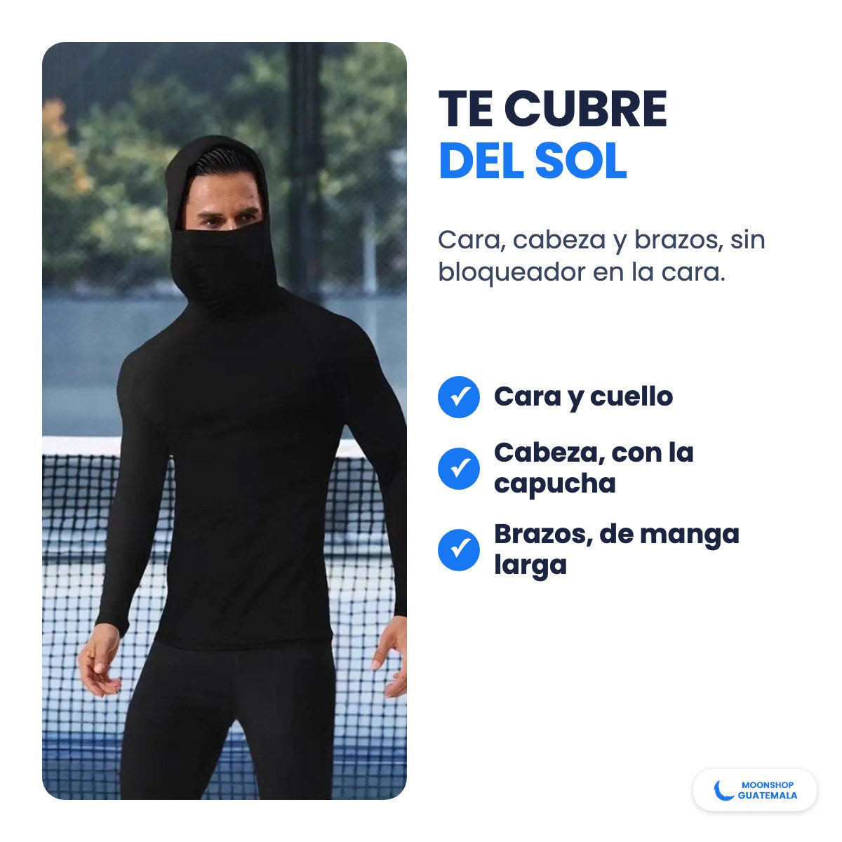Playera con capucha y mascarilla que te cubre del sol: cara, cuello, cabeza y brazos