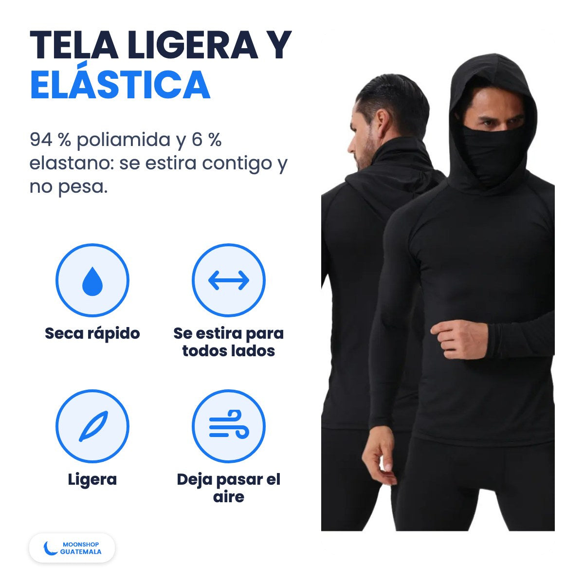 Tela ligera y elástica de 94 % poliamida y 6 % elastano, seca rápido y deja pasar el aire
