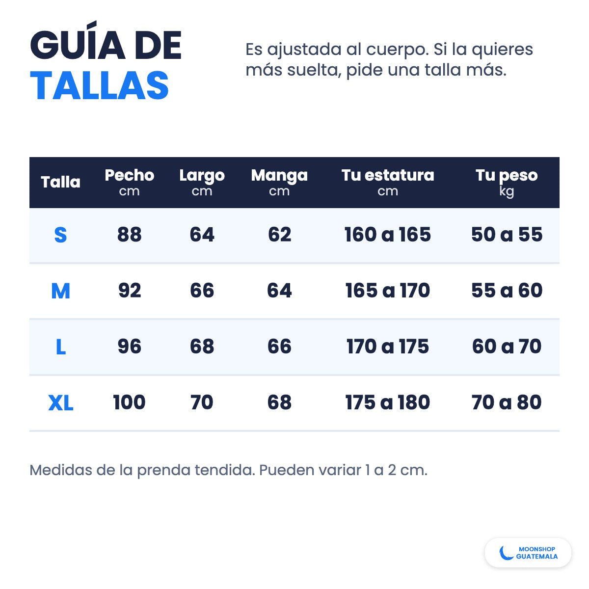 Guía de tallas de la playera con capucha y mascarilla: S, M, L y XL en centímetros