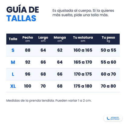 Guía de tallas de la playera con capucha y mascarilla: S, M, L y XL en centímetros