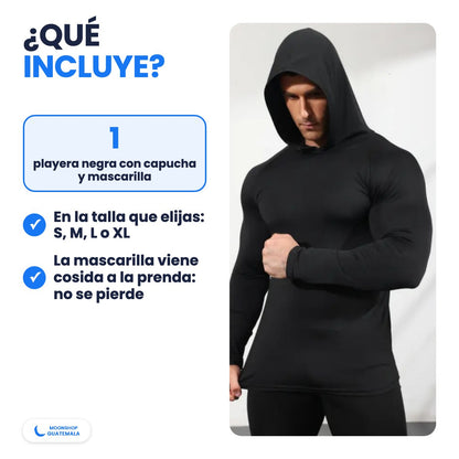 Qué incluye: 1 playera negra con capucha y mascarilla, en la talla que elijas
