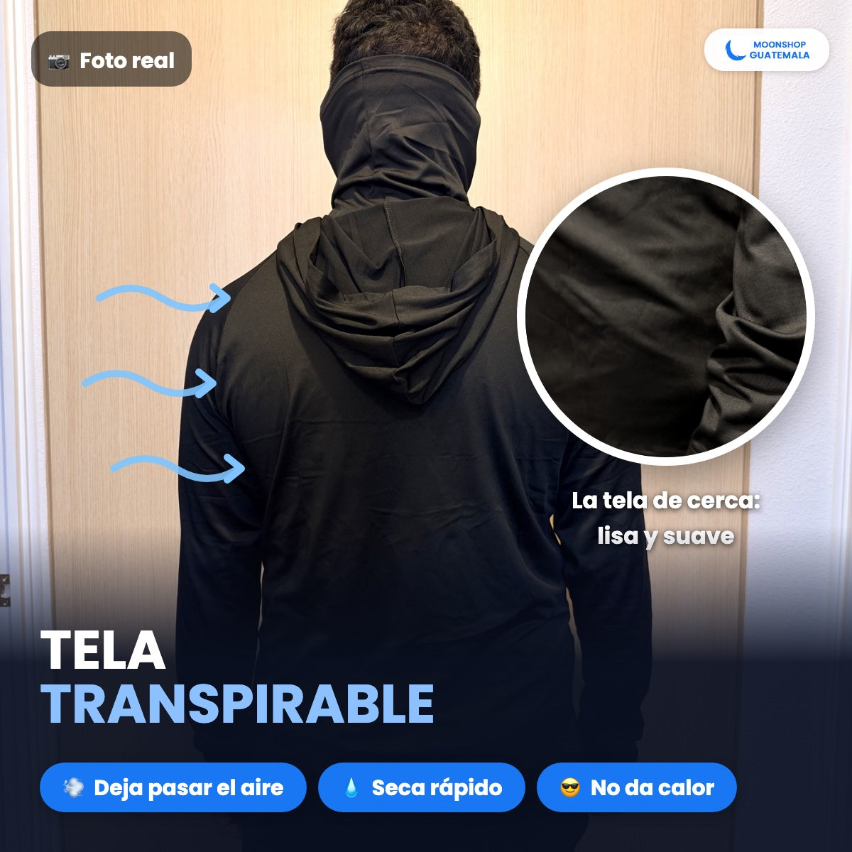 Foto real de la playera con capucha de espaldas y la tela de cerca: transpirable, lisa y suave, deja pasar el aire y seca rápido
