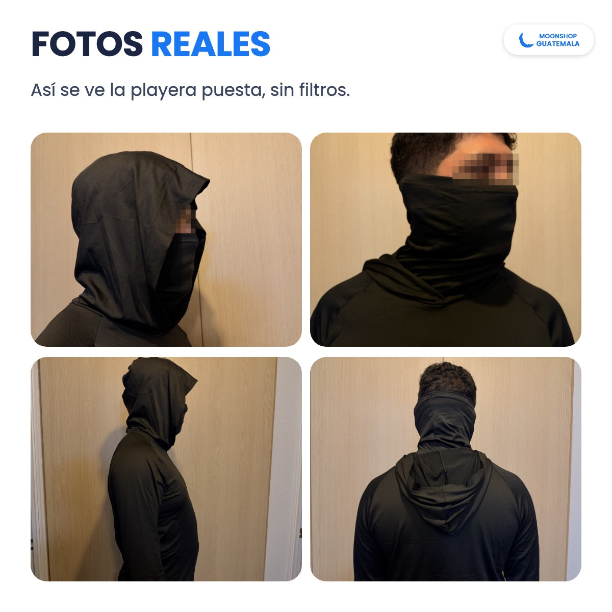 Fotos reales de la playera con capucha y mascarilla puesta, de lado, de frente y de espaldas