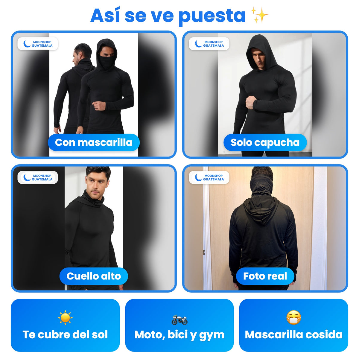Así se ve puesta la playera con capucha: con mascarilla, solo capucha, cuello alto y foto real