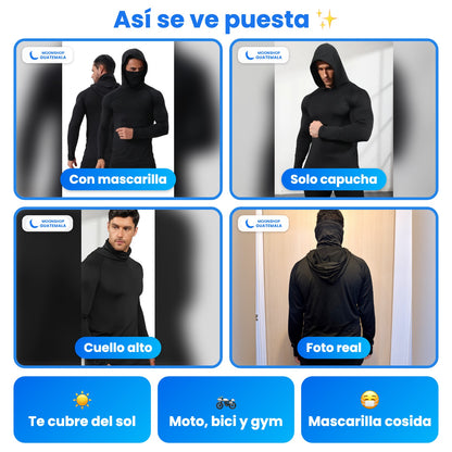 Así se ve puesta la playera con capucha: con mascarilla, solo capucha, cuello alto y foto real