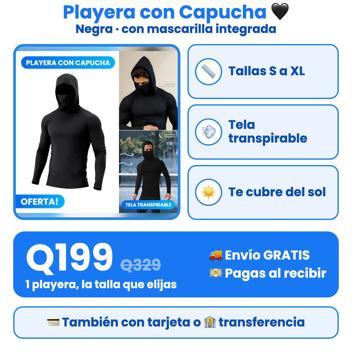 Playera con capucha y mascarilla: tallas S a XL, tela transpirable y te cubre del sol (foto 11)