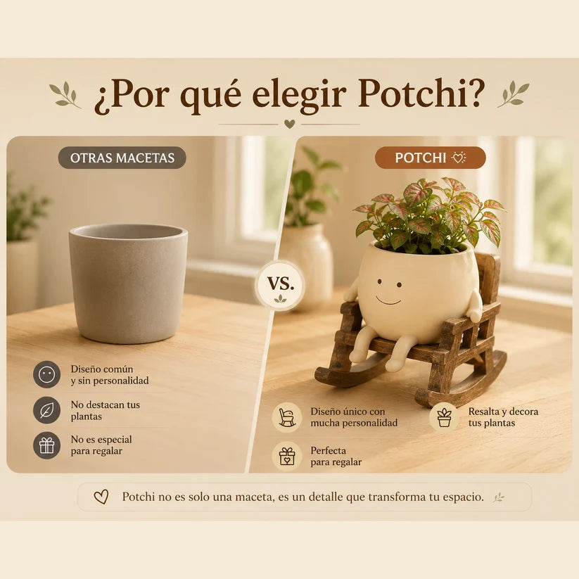 Maceta carita feliz comparada con una maceta común de color gris sin diseño