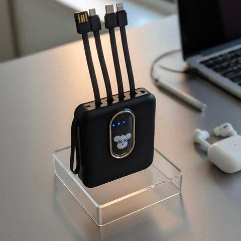 Power bank negro portátil con luz LED y cables integrados