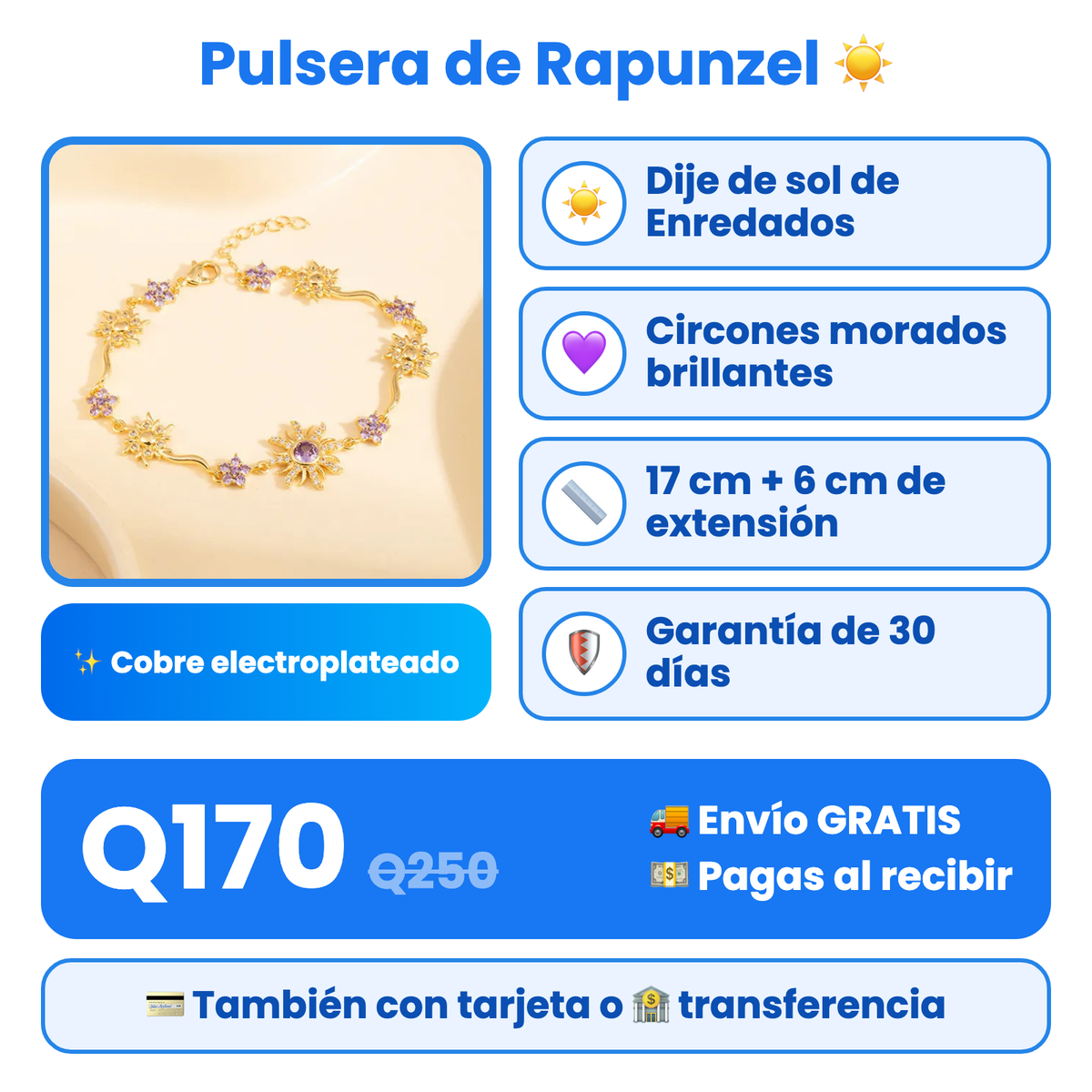 Pulsera de Rapunzel: dije de sol, circones morados, 17 cm más 6 cm de extensión, precio y envío gratis