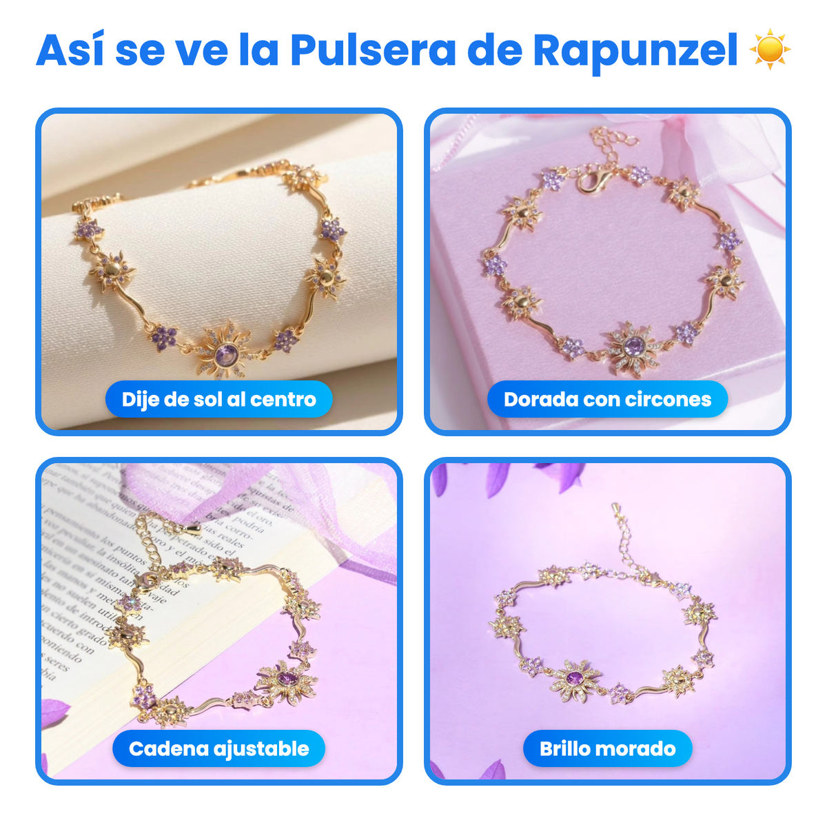 Así se ve la Pulsera de Rapunzel: dije de sol y circones morados