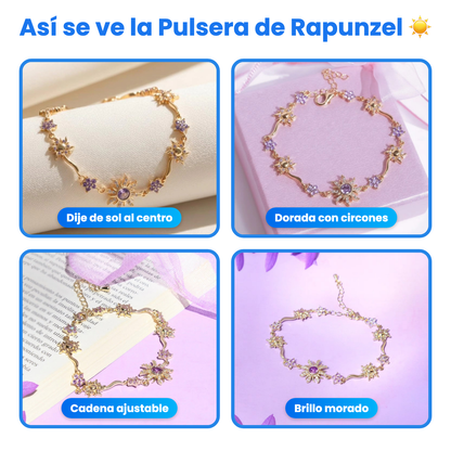Así se ve la Pulsera de Rapunzel: dije de sol y circones morados