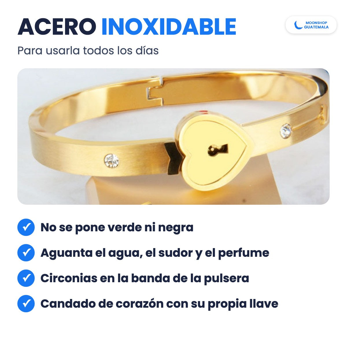 Pulsera dorada de acero inoxidable con candado de corazón y circonias en la banda