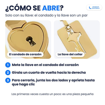 Cómo se abre la pulsera: mete la llave en el candado del corazón y gírala un cuarto de vuelta a la derecha; para cerrarla, aprieta hasta el clic