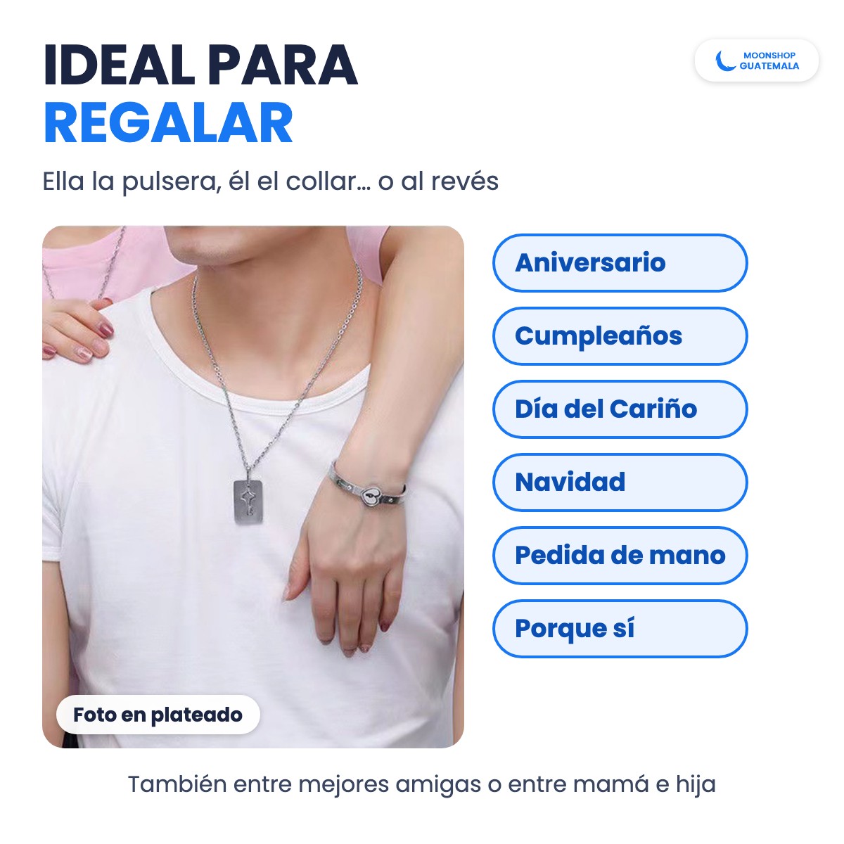 Pareja usando la pulsera con candado y el collar con la llave (foto en plateado), ideal para regalar en aniversario, cumpleaños, Día del Cariño y Navidad