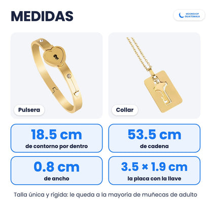 Medidas: pulsera de 18.5 cm de contorno por dentro y 0.8 cm de ancho; collar con cadena de 53.5 cm y placa de 3.5 por 1.9 cm