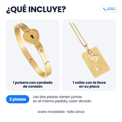 Qué incluye: 1 pulsera con candado de corazón y 1 collar con la llave en su placa, en color dorado